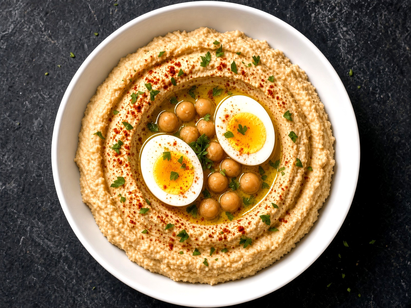 House hummus with olive oil, chickpeas, and pita
